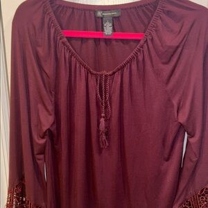 INC BRAND…MAROON COLOR BLOUSE VELVET DESIGN ON CUFF OF SLEEVES TIE CLOSURE